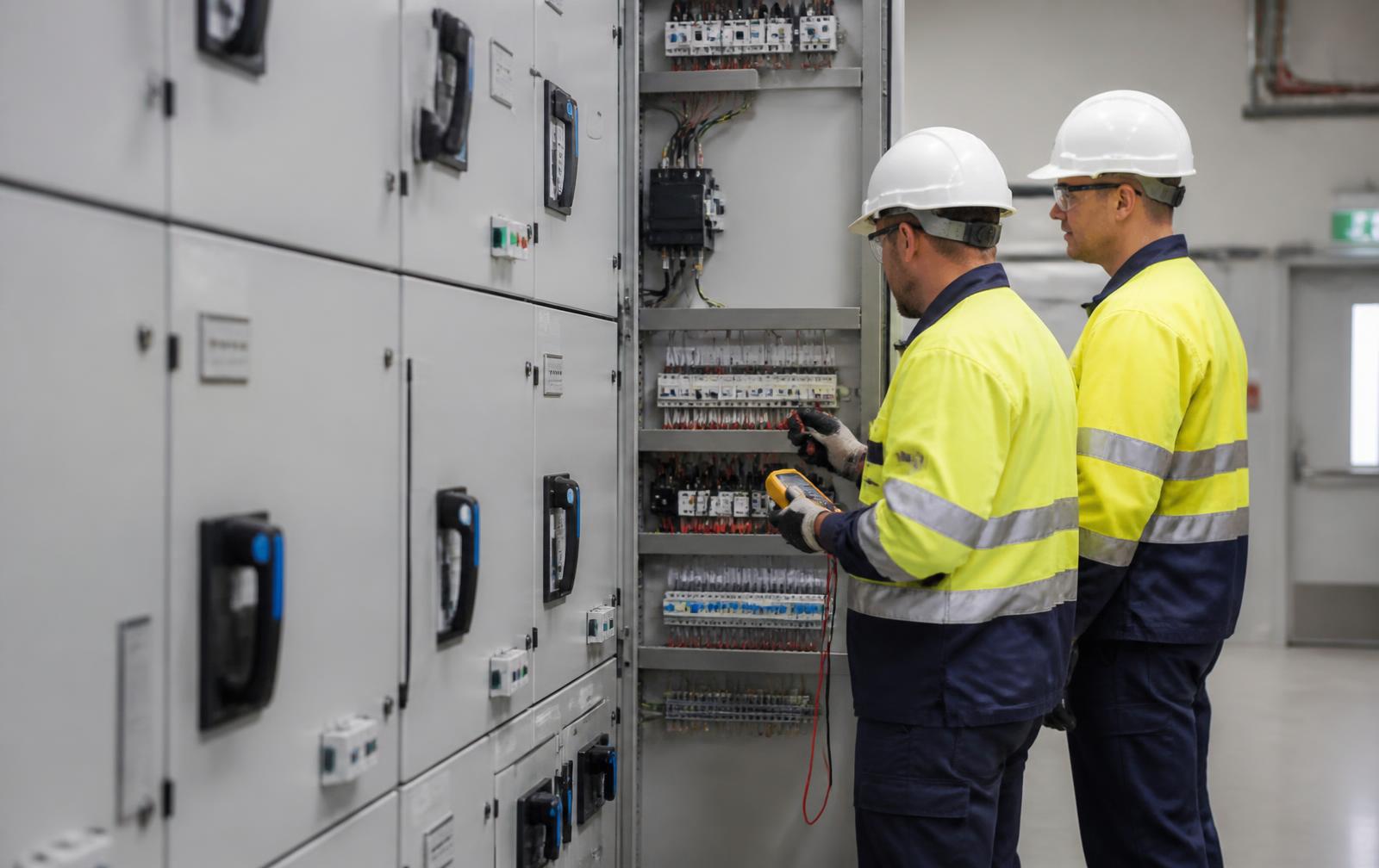 Electrical engineers commissioning industrial standby power equipment
